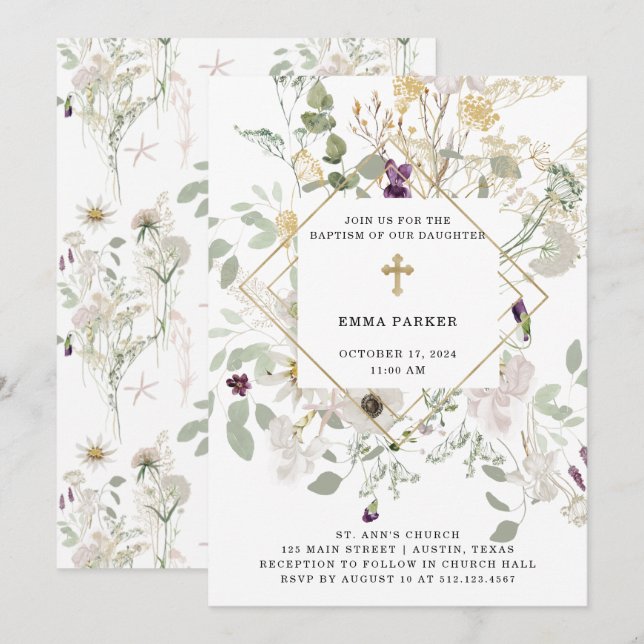 Morning Wildflowers | Gold Geometric Baptism Invitation (Front/Back)