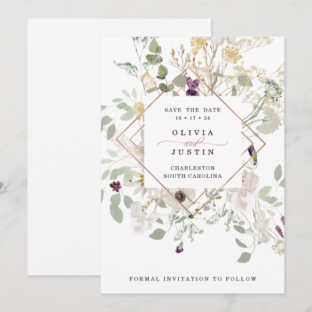 Morning Wildflowers | Rose Gold Geometric White Save The Date (Front/Back)