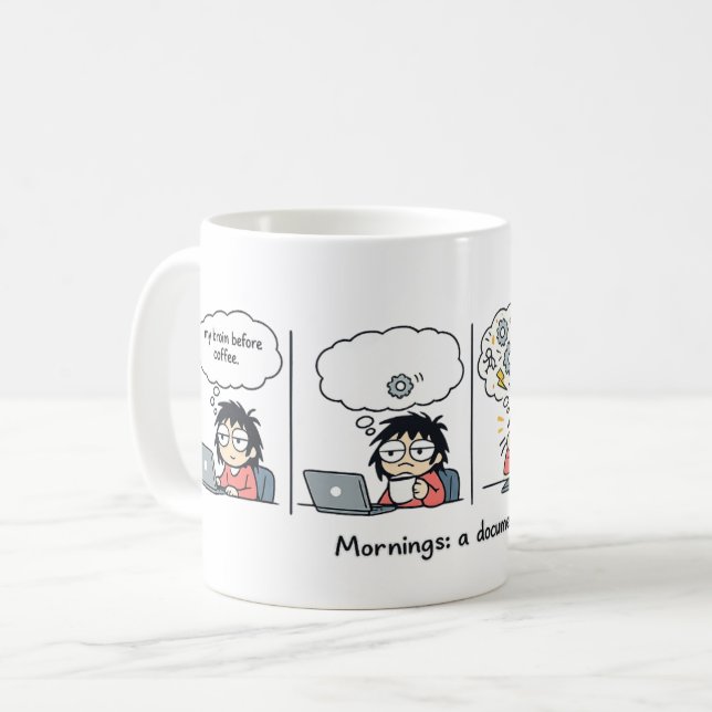 Mornings: A Documentary | Funny Coffee Comic Strip Mug (Front Left)