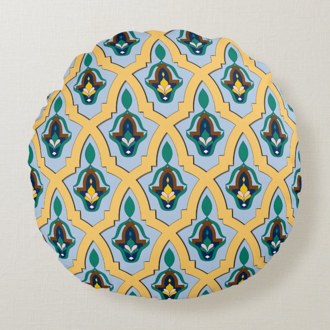 Moroccan Arabic tracery pattern in blue and yellow Round Cushion (Front)