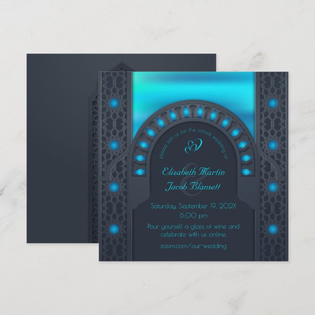 Moroccan Archway Blue Virtual Wedding Invitation (Front/Back)