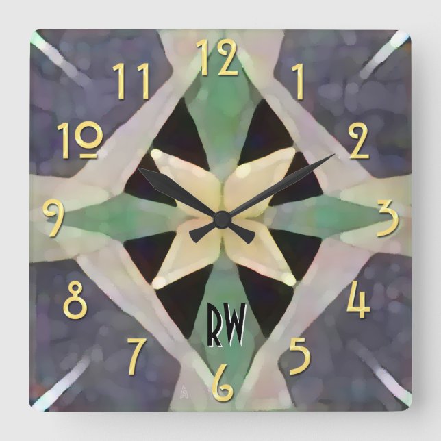Moroccan Art Deco Batik Monogrammed Square Wall Clock (Front)