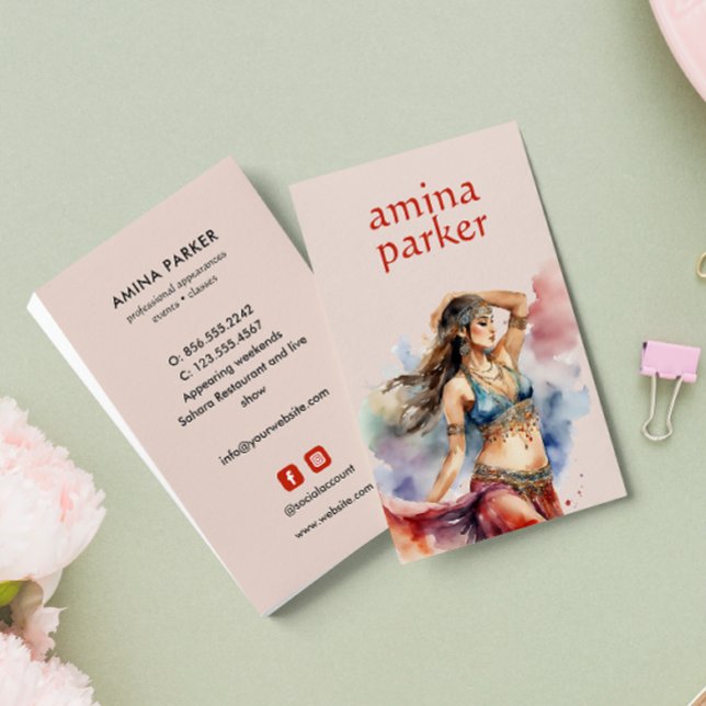 MOROCCAN BELLY DANCER WATERCOLOR PINK BUSINESS CARD (Creator Uploaded)