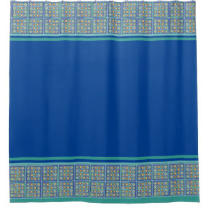 Moroccan blue and green tiles border and stripes shower curtain