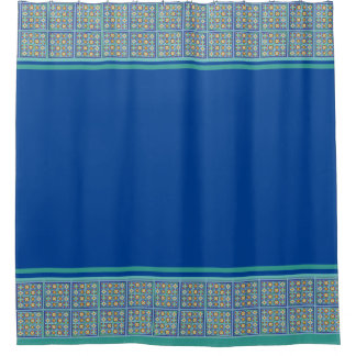 Moroccan blue and green tiles border and stripes shower curtain