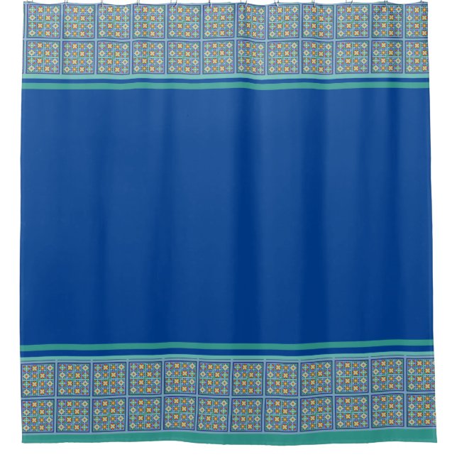 Moroccan blue and green tiles border and stripes shower curtain (Front)