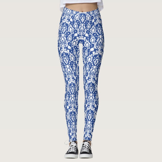 Moroccan Blue and White Modern Casbah Damask Leggings (Front)