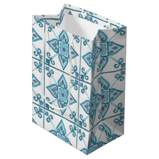 Moroccan Blue Tile Motif Medium Gift Bag (Front Angled)