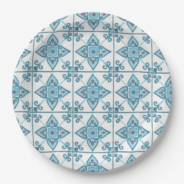Moroccan Blue Tile Motif Paper Plate (Front)