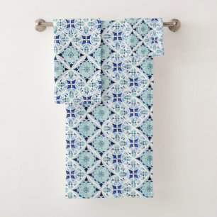 Moroccan blue tile pattern watercolor bath towel set