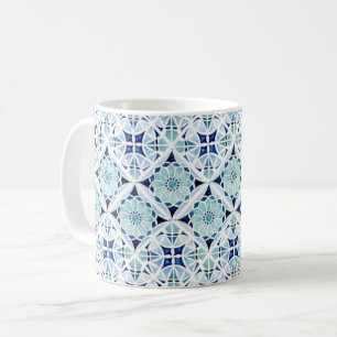 Moroccan blue tile pattern watercolor coffee mug