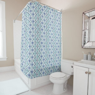 Moroccan blue tile pattern watercolor shower curtain