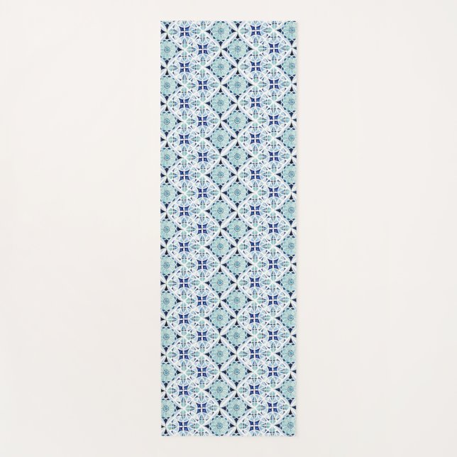 Moroccan blue tile pattern watercolor yoga mat (Front)