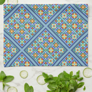 Moroccan blue tiles in pretty diamond pattern tea towel