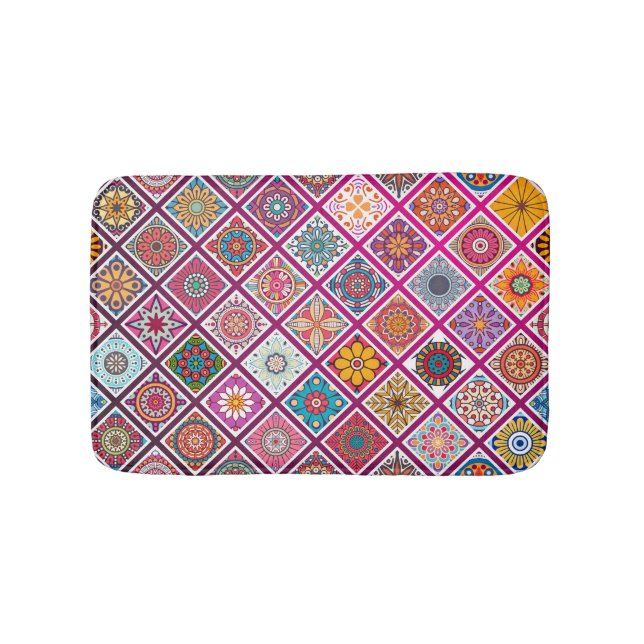 Moroccan Bohemian Mandala Tiles Bath Mat (Front)