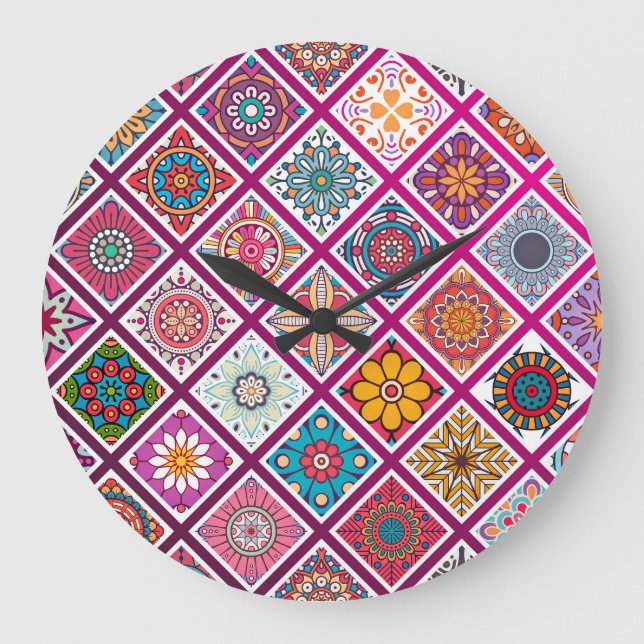 Moroccan Bohemian Mandala Tiles Large Clock (Front)