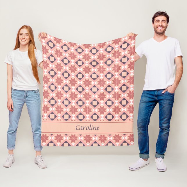 Moroccan Bohemian Pink Flowers Pattern Add Name Fleece Blanket (In Situ)