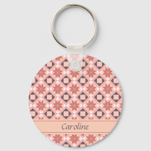 Moroccan Bohemian Pink Flowers Pattern Add Name Key Ring