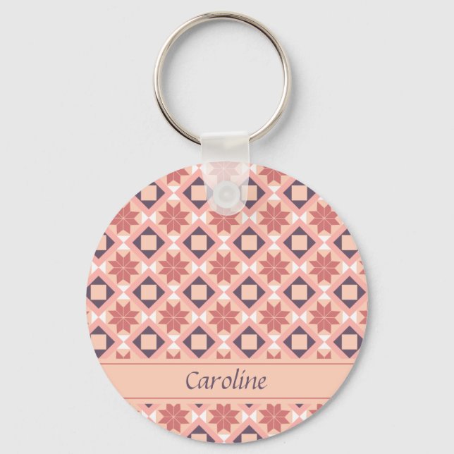 Moroccan Bohemian Pink Flowers Pattern Add Name Key Ring (Front)