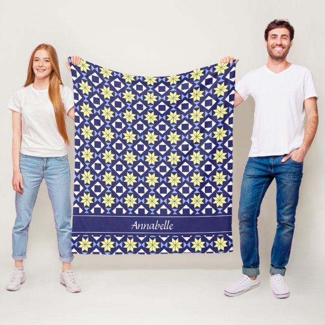 Moroccan Bohemian Yellow Flowers Blue Pattern Fleece Blanket (In Situ)