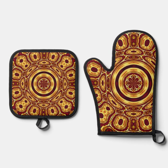 Moroccan Boho Red Gold Abstract Pattern Oven Mitt & Pot Holder Set (Front)
