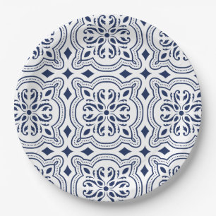 Moroccan bold blue geometric motif paper plate