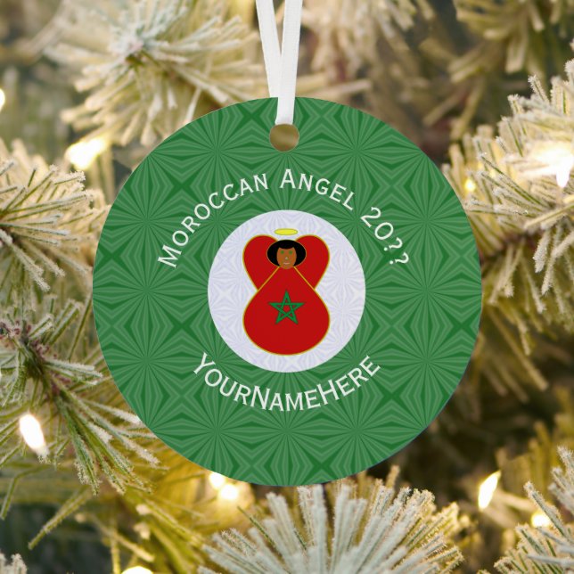 Moroccan Christmas Angel Flag Personalised  Metal Tree Decoration (Insitu)