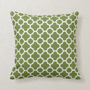 Moroccan Clover Quatrefoil in Avocado Green White Cushion
