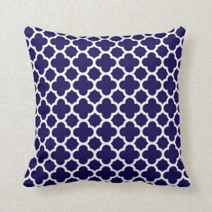 Moroccan Clover Quatrefoil in Cobalt Blue White Cushion