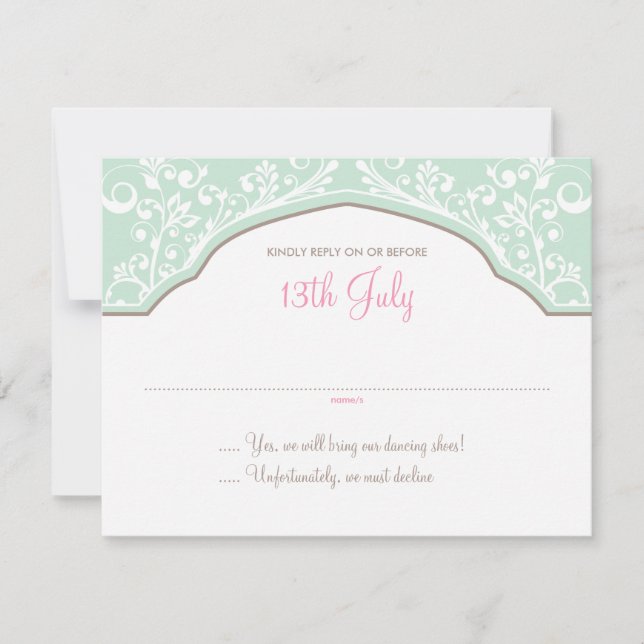 Moroccan Dream Wedding RSVP Mint/Pink Card (Front)