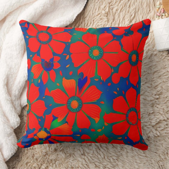 Moroccan exotic red orange blue teal green Floral  Cushion (Blanket)