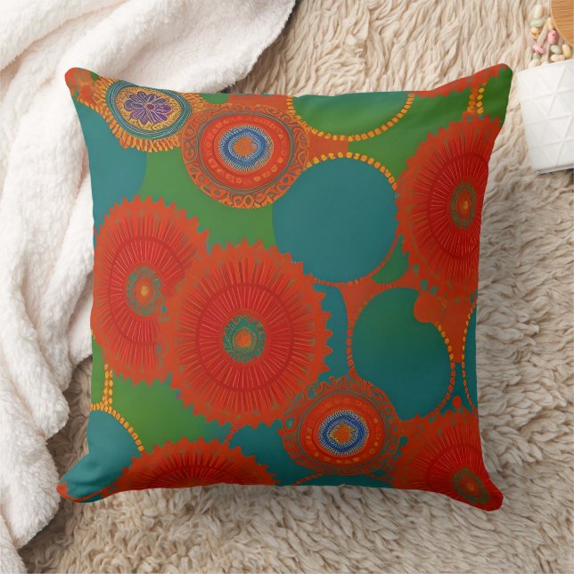 Moroccan exotic red orange teal green Circles  Cushion (Blanket)