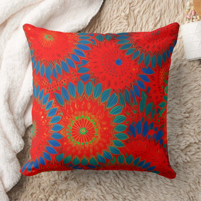 Moroccan exotic red orange teal green Floral Cushion (Blanket)