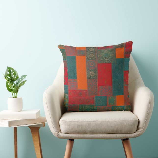 Moroccan fabric exotic red orange teal green sq cushion (Chair)