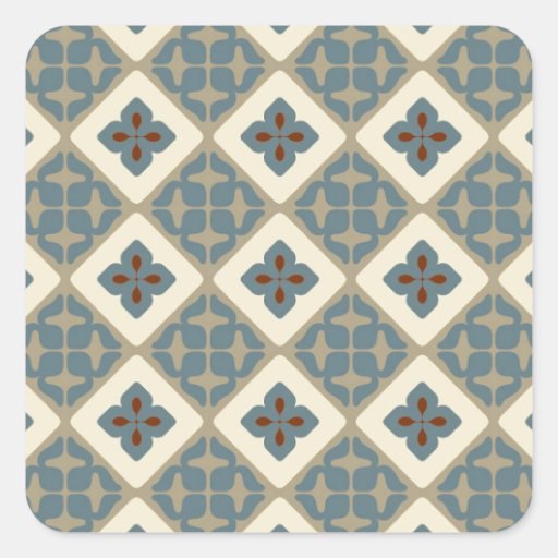 Image of Moroccan Floral Tile Pattern Blue Tan Red Square Sticker