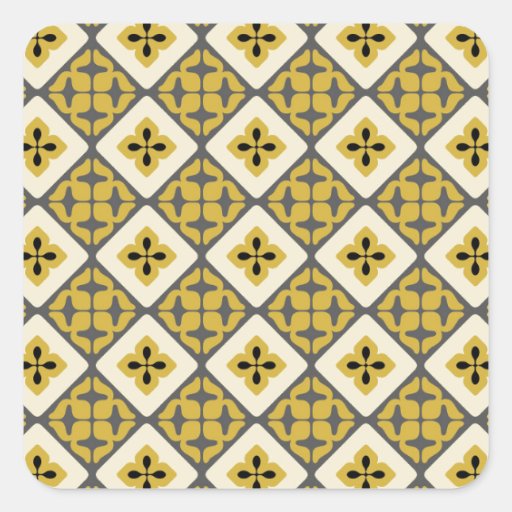 Image of Moroccan Floral Tile Pattern Yellow Grey Black Square Sticker