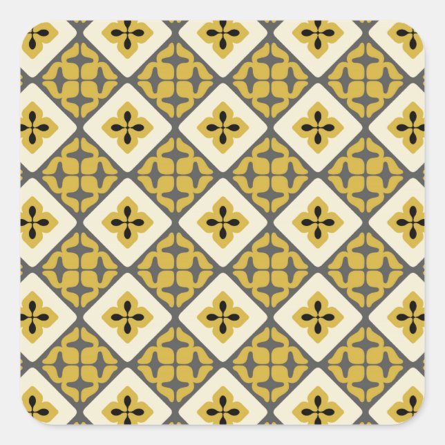 Moroccan Floral Tile Pattern Yellow Grey Black Square Sticker (Front)