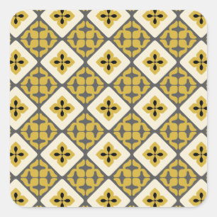 Moroccan Floral Tile Pattern Yellow Grey Black Square Sticker