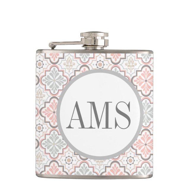 Moroccan Flowers Monogram Personalised Hip Flask (Front)