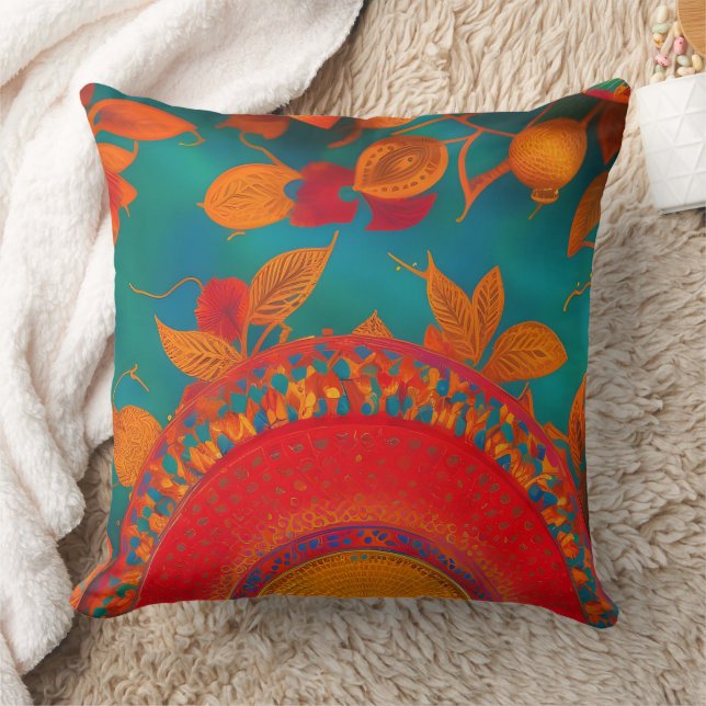 Moroccan gold red orange teal blue autumn leaves cushion (Blanket)