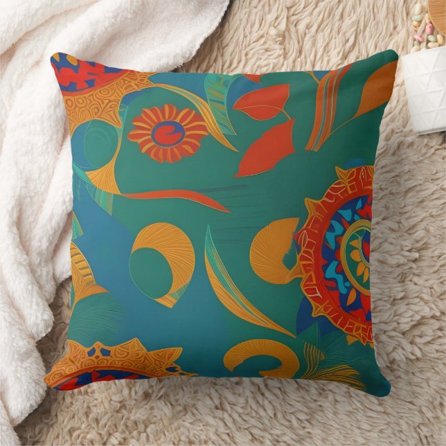Moroccan gold red orange teal blue leaf Mandela  Cushion (Blanket)
