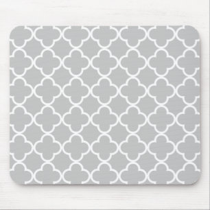 Moroccan Grey White Quatrefoil Pattern Mouse Mat