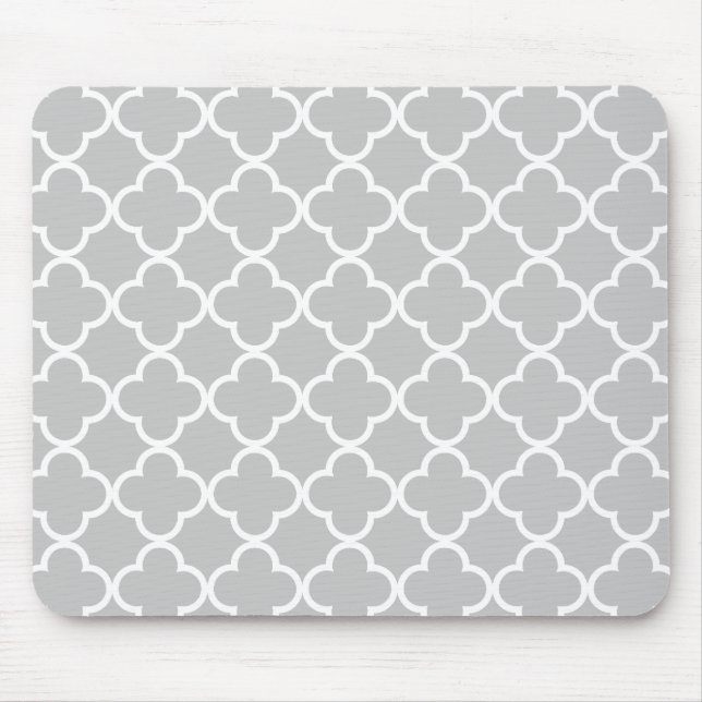 Moroccan Grey White Quatrefoil Pattern Mouse Mat (Front)