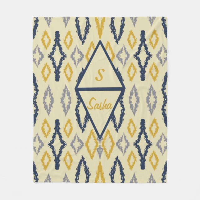 Moroccan Ikat Blue Yellow Personalised Fleece Blanket (Front)