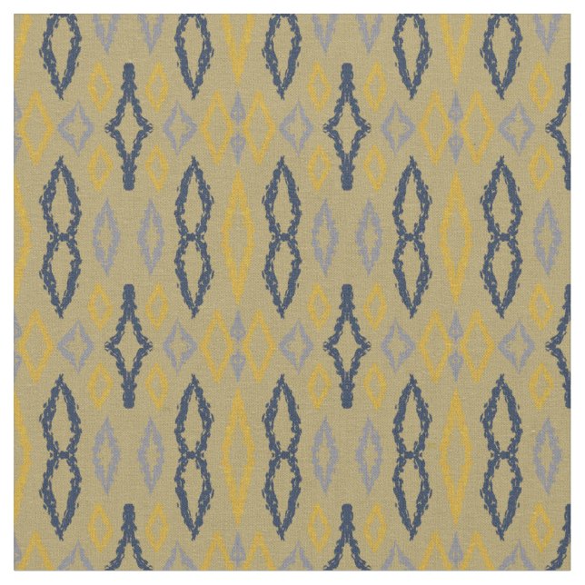 Moroccan Ikat Blue Yellow Rustic Pattern  Fabric (Close Up)