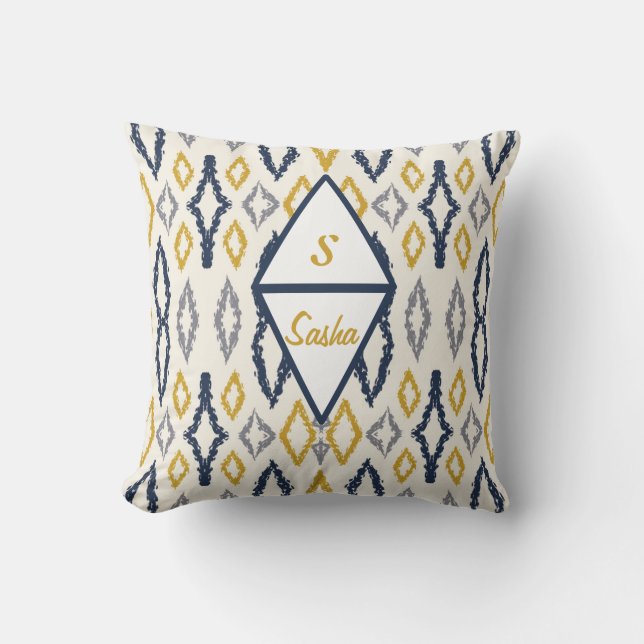 Moroccan Ikat Blue Yellow White Personalised  Cushion (Front)