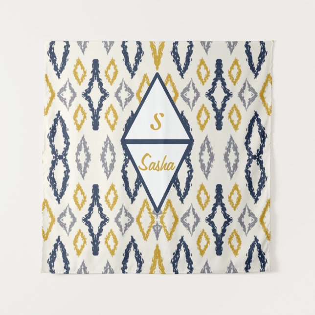 Moroccan Ikat Blue Yellow White Personalised  Tapestry (Front)