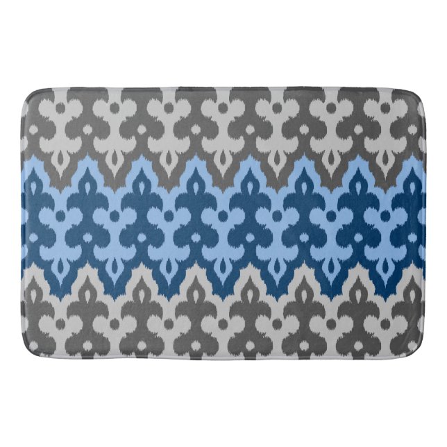 Moroccan Ikat Damask, Blue and Grey / Grey Bath Mat (Front)