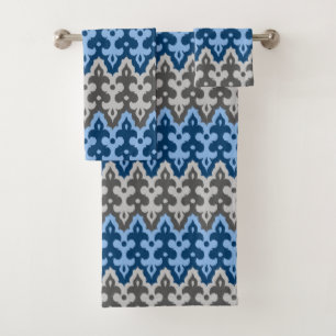 Moroccan Ikat Damask, Blue and Grey / Grey Bath Towel Set