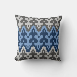 Moroccan Ikat Damask, Blue and Grey / Grey Cushion